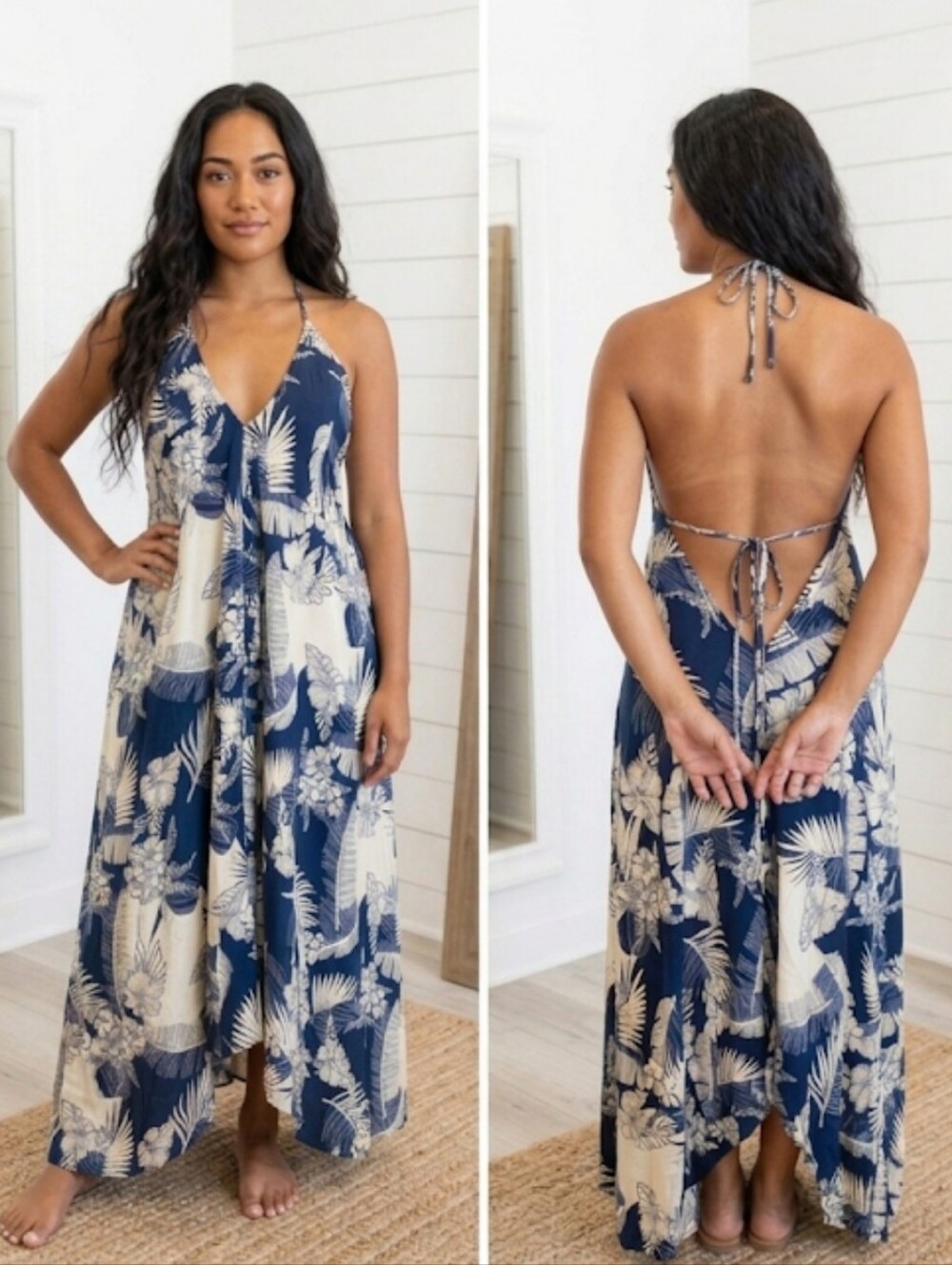 Palmer Hawaiian Tropical Halter Maxi Dress One Size Open Back High-Low Navy